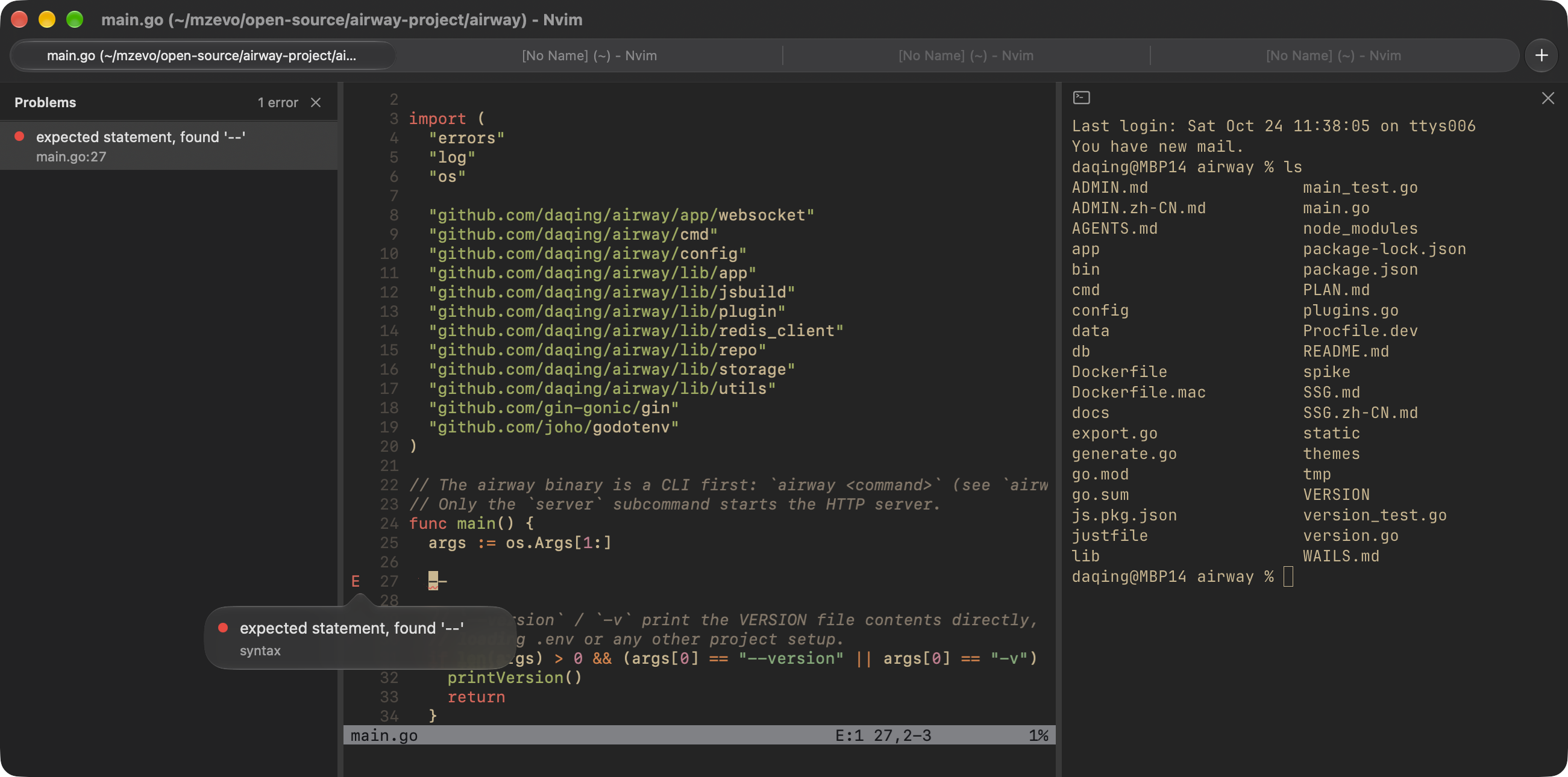 iNeovim on macOS showing Go code, an LSP diagnostic popover, the Problems sidebar, and a terminal panel.